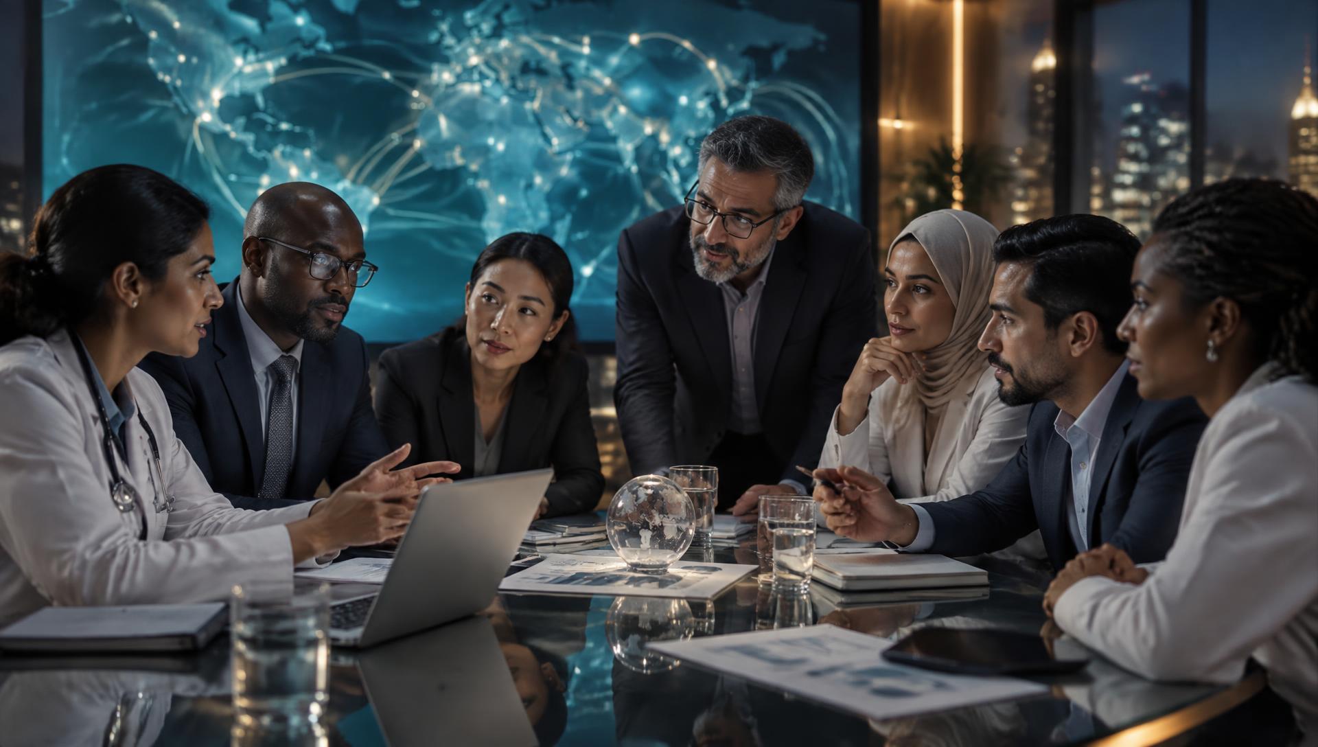 International health professionals, researchers and policymakers collaborating around a table in front of a global network display
